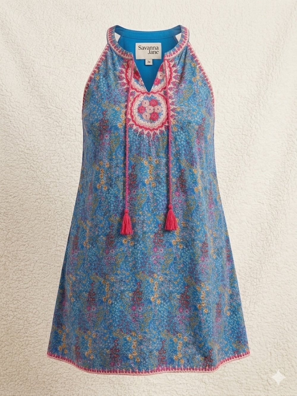 Savanna Jane Floral Embroidered Blue Sleeveless Mini Dress /Tunic Size 3X